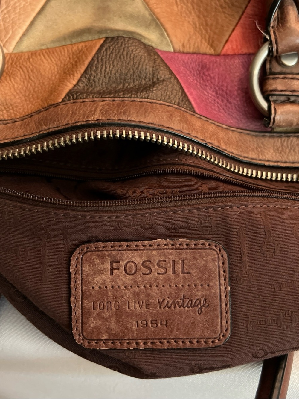 Fossil Multicolor Patchwork Leather Satchel - Brown Multi - Picture 10 of 15